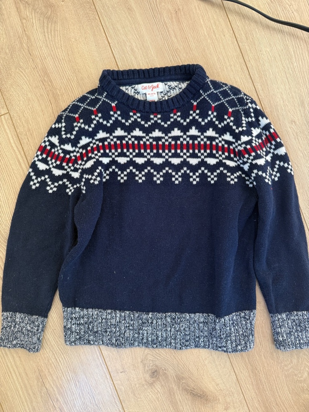 Cat & Jack Navy Fair Isle Crewneck Sweater with Red & White Accents S 4-5
